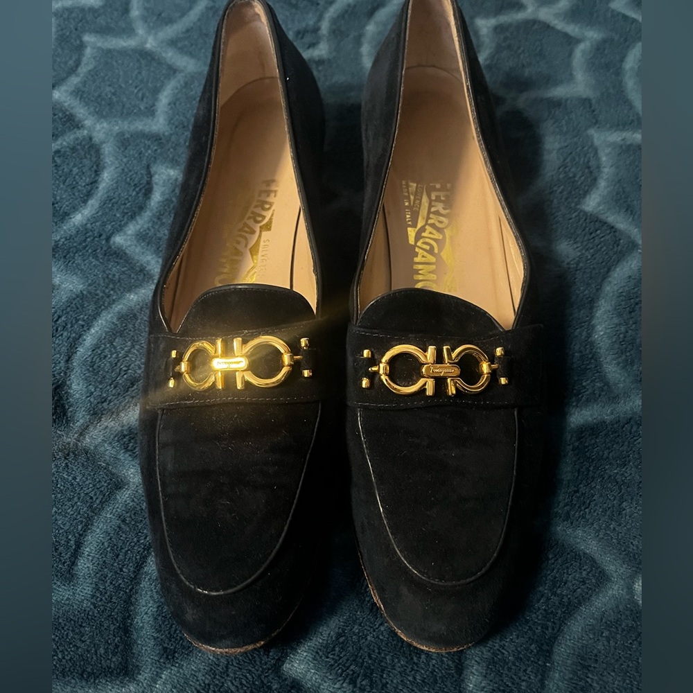 Ferragamo Teal Blue Loafers with Gold Accent